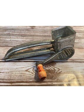 Antique French Metal Cheese Grater‎ Silver Red Wood Handle France